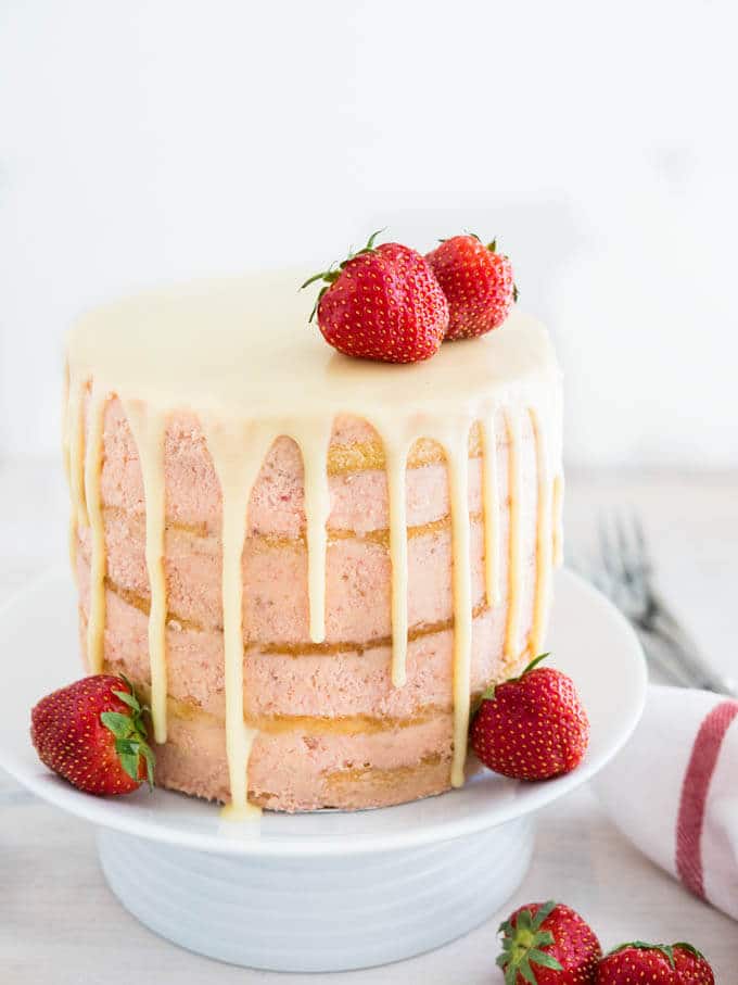 Naked Strawberry Layer Cake With White Chocolate Ganache Drip 