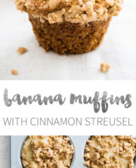 Banana Muffins with Cinnamon Streusel - step up your muffin game with a crunchy Streusel Topping! These big, bakery-style muffins are perfect for Breakfast and Brunch.