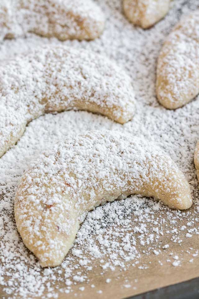 Close-up of Vanillekipferl dusted with Powdered Sugar