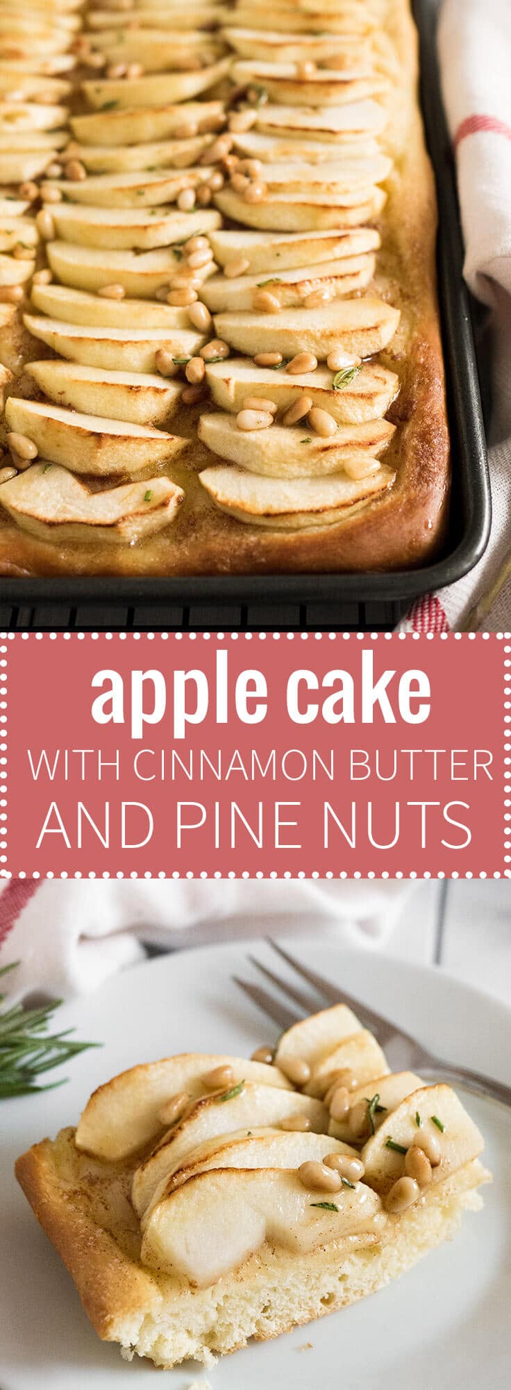 This Apple Cake Recipe is perfect for fall! Yeast dough is brushed with cinnamon butter, topped with fresh apple slices and glazed with honey and pine nuts.
