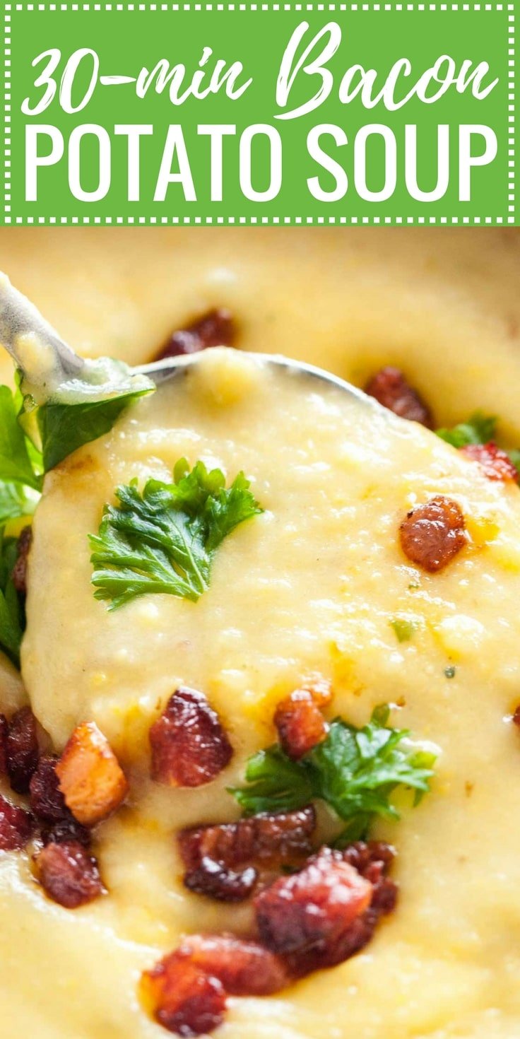 Image with text: 30-min bacon potato soup, image: Close-up of a spoon lifting up a portion of potato soup topped with bacon and parsley.