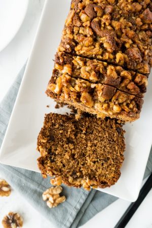 My Banana Bread has a crunchy Maple-Walnut Topping which adds a new twist to my favorite banana bread recipe!