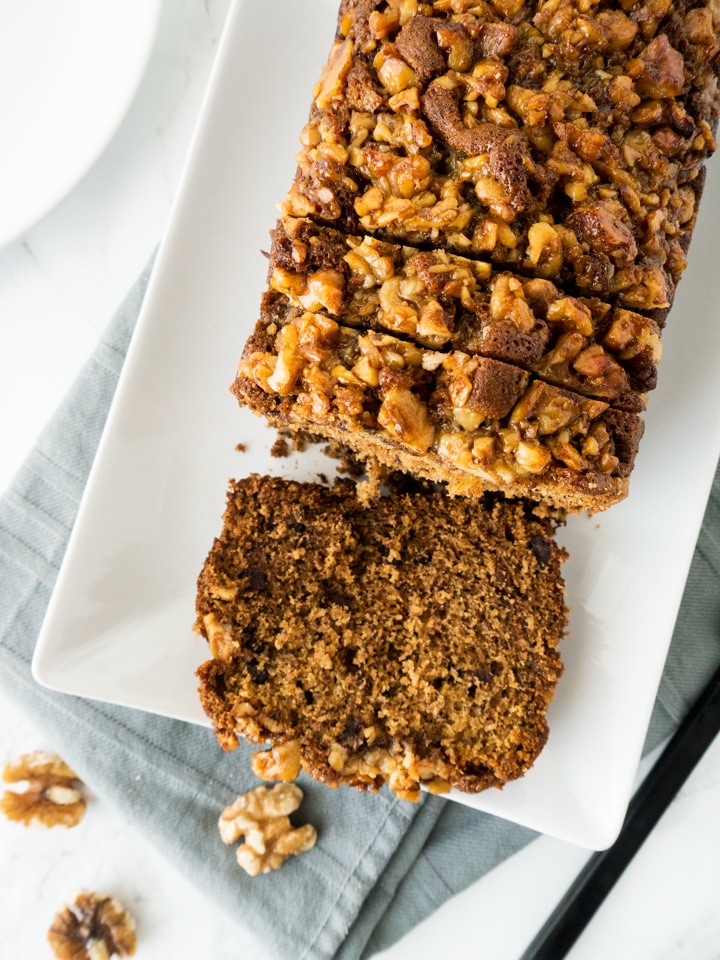My Banana Bread has a crunchy Maple Walnut Topping which adds a new twist to my favorite banana bread recipe!