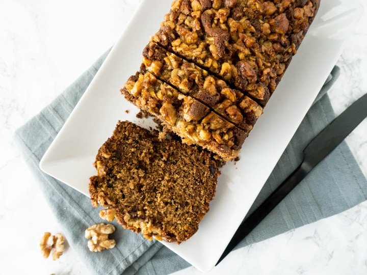 My Banana Bread has a crunchy Maple-Walnut Topping which adds a new twist to my favorite banana bread recipe!