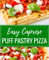 Tomato Mozzarella Puff Pastry Pizza is super easy and fast to make! Crisp pastry brushed with pesto and topped with fresh tomatoes, mozzarella, and basil.