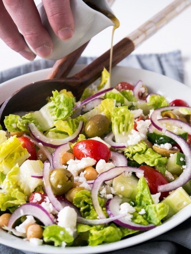 Balsamic Chickpea Feta Greek Salad w/ tomatoes & red onions
