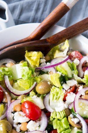 A simple Balsamic Chickpea Feta Greek Salad full of flavours and vibrant colours. Ready in less than 5 minutes as a side or main dish!