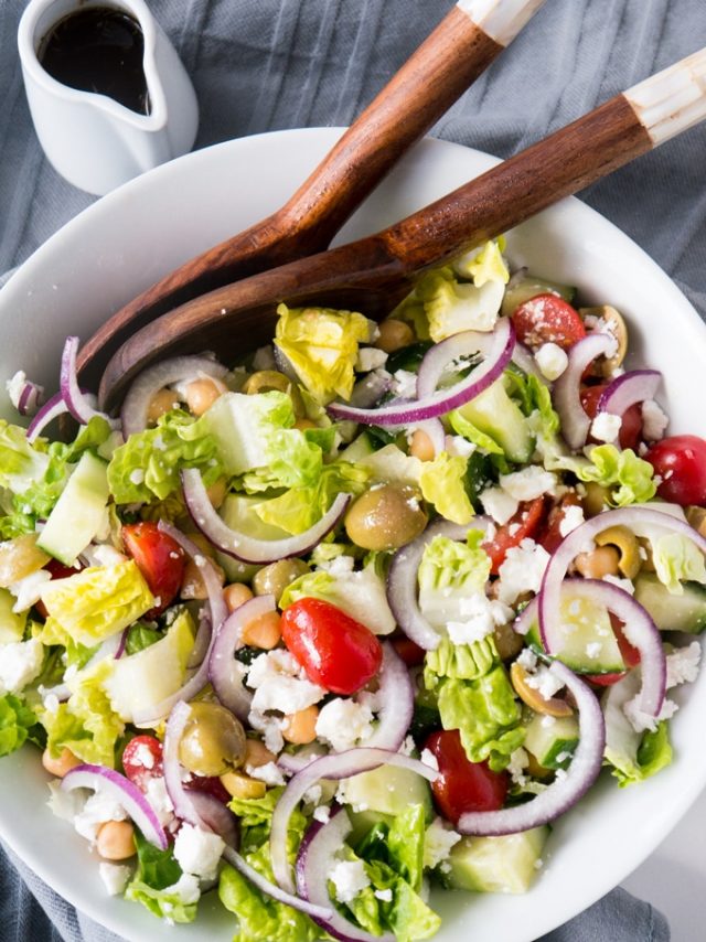 Balsamic Chickpea Feta Greek Salad w/ tomatoes & red onions