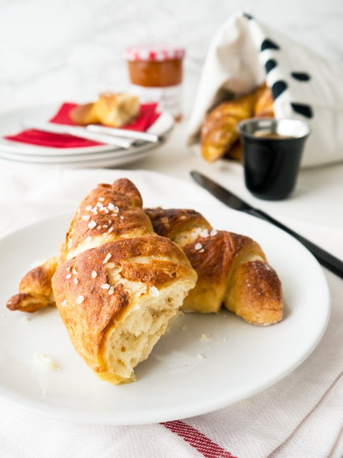 Easy homemade Pretzel Croissants with yeast dough and store-bought puff pastry. They combine the flakiness of a butter croissant with the texture of a pretzel.