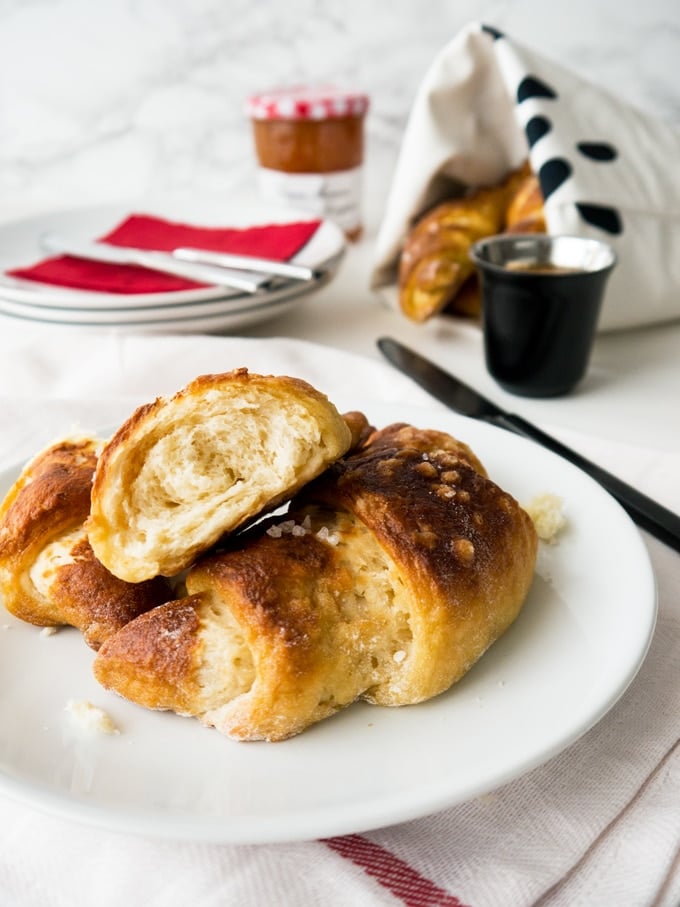 Easy homemade Pretzel Croissants with yeast dough and store-bought puff pastry. They combine the flakiness of a butter croissant with the texture of a pretzel.