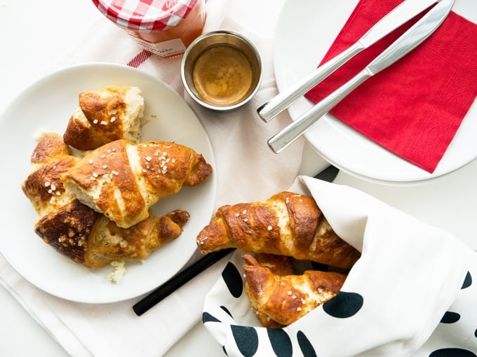 Easy homemade Pretzel Croissants with yeast dough and store-bought puff pastry. They combine the flakiness of a butter croissant with the texture of a pretzel.