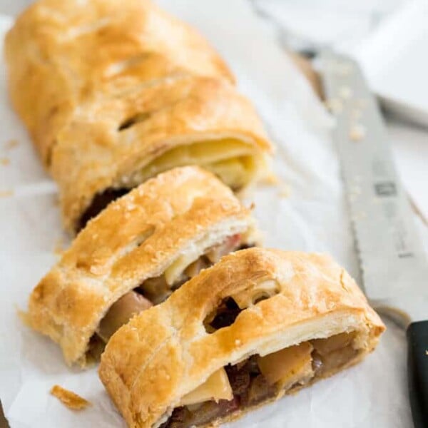 This Puff Pastry Walnut Apple Strudel is made with a Walnut Raisin Apple filling and doesn't get a soggy bottom because of my secret ingredient!