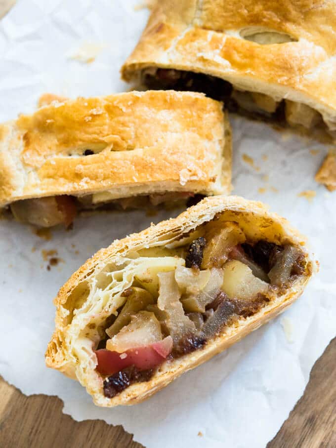 This Puff Pastry Walnut Apple Strudel is made with a Walnut Raisin Apple filling and doesn't get a soggy bottom because of my secret ingredient!