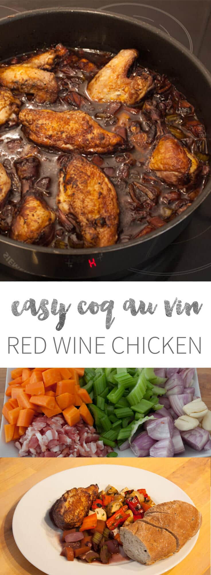 Easy Coq au vin is a great dish to make for guests! Chicken thighs are browned and then braised in red wine sauce with herbs and shallots.