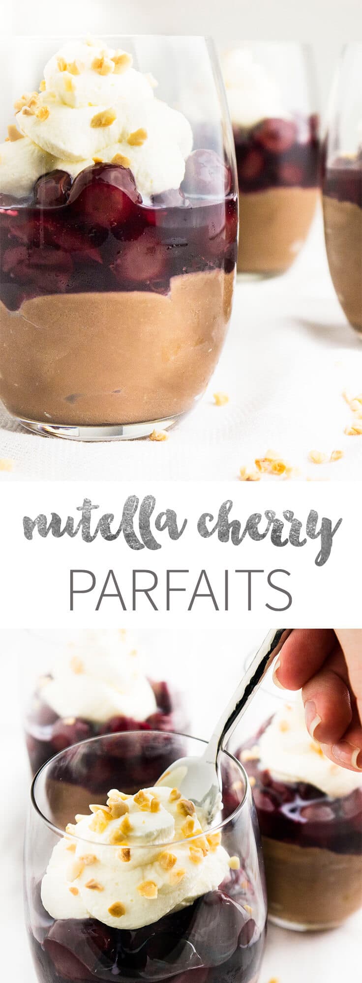 These No Bake Nutella Cheesecake Cherry Parfaits are super indulgent! And they come in a glass. A great dessert for your next party!