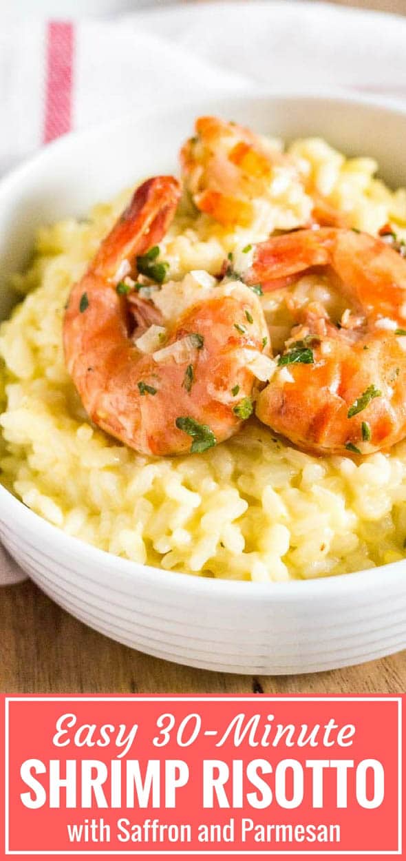 Close-up of a white bowl with saffron risotto with fried shrimp.