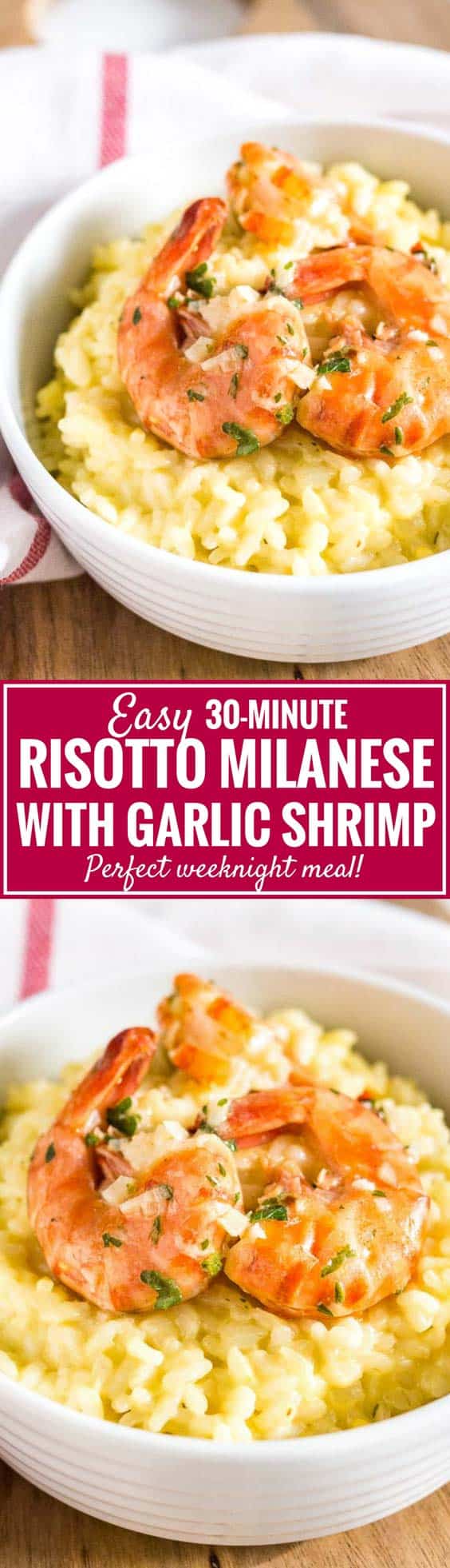 Saffron Shrimp Risotto is really easy to make, super creamy, and ready in only 30 minutes! A variation of the famous Risotto Milanese made with garlic shrimp that is quick enough to prepare for weeknight dinners but special enough for date night. #RisottoRecipes #RisottoMilanese #ShrimpRisotto #WeeknightDinners #30MinuteMeals