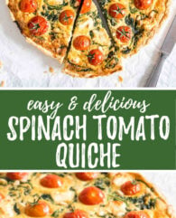 Spinach Tomato Quiche is perfect for breakfast or brunch! Super easy to make and loaded with flavor. Delicious warm, room temp, or chilled!