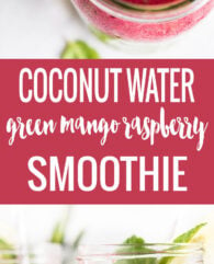 This vegan Coconut Water Smoothie is packed with raspberries, baby spinach, chia, and mango! Loaded with fruits, veggies, and coconut water, this drink is healthy and delicious!