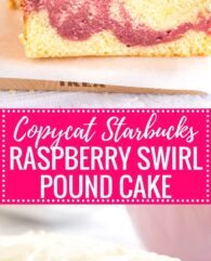 Copycat Starbucks Raspberry Swirl Pound Cake is made from a vanilla and a raspberry batter and topped with delicious cream cheese frosting! A perfect summer treat made completely from scratch without cake mix.