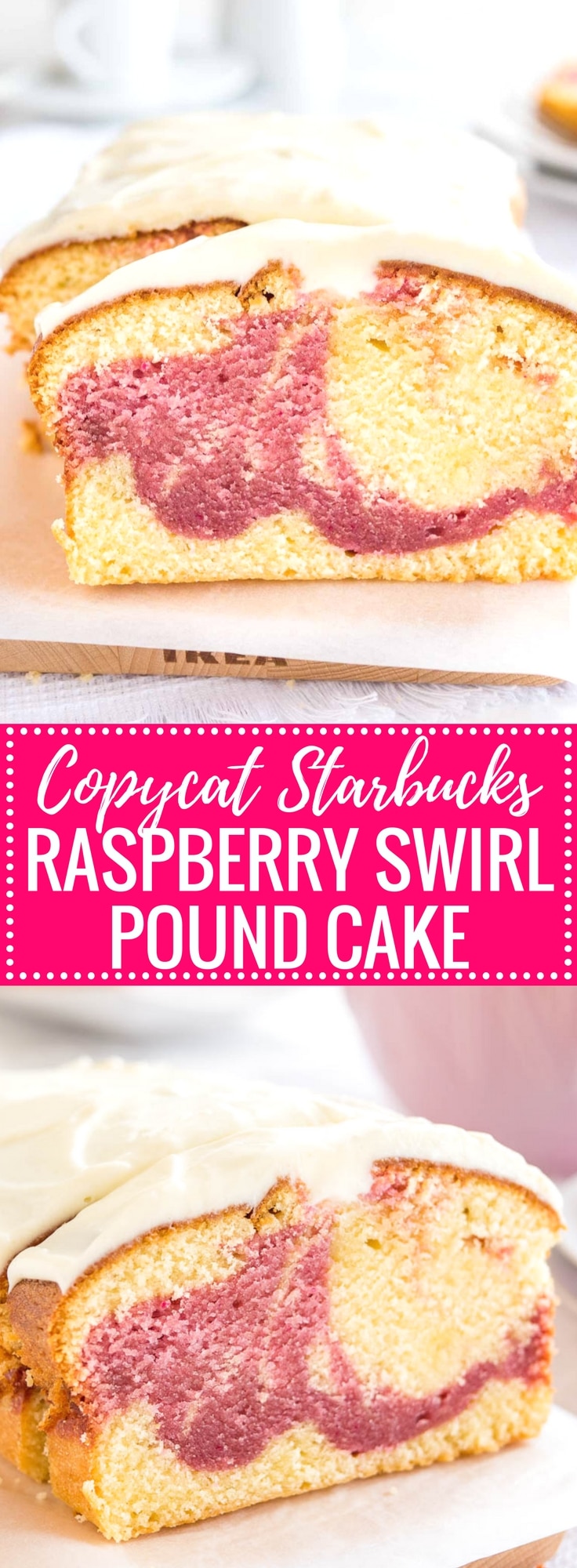 Copycat Starbucks Raspberry Swirl Pound Cake is so easy to make from scratch and is topped with a delicious cream cheese frosting. Raspberry and Lemon batters swirled together to make a perfect summer treat!