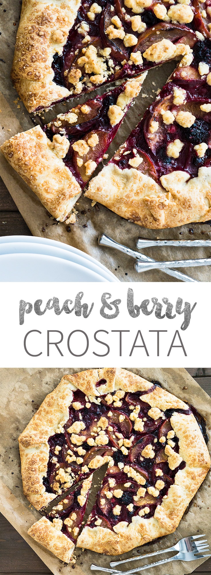 Crostata with Peaches & Berries - so easy to make! Also known as galette, rustic pie or rustic tart. Served with a big dollop of vanilla ice cream, this is my go-to summer dessert!