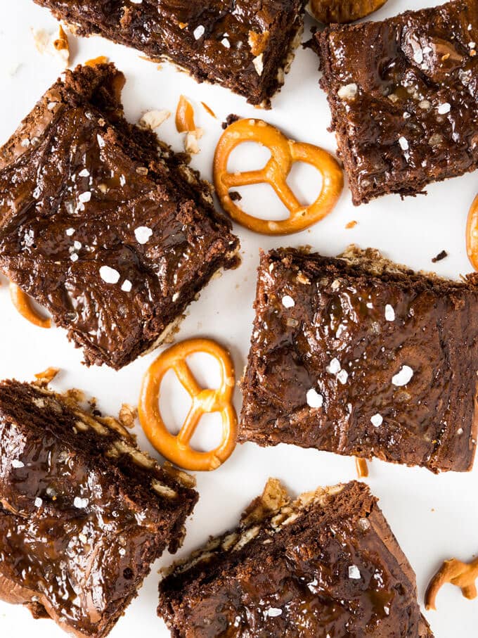 Salted Caramel Pretzel Brownies have a crunchy pretzel crust and are made with Nutella! These are not your ordinary brownies, they are chewy, salty, sweet, chocolatey, and crunchy! 
