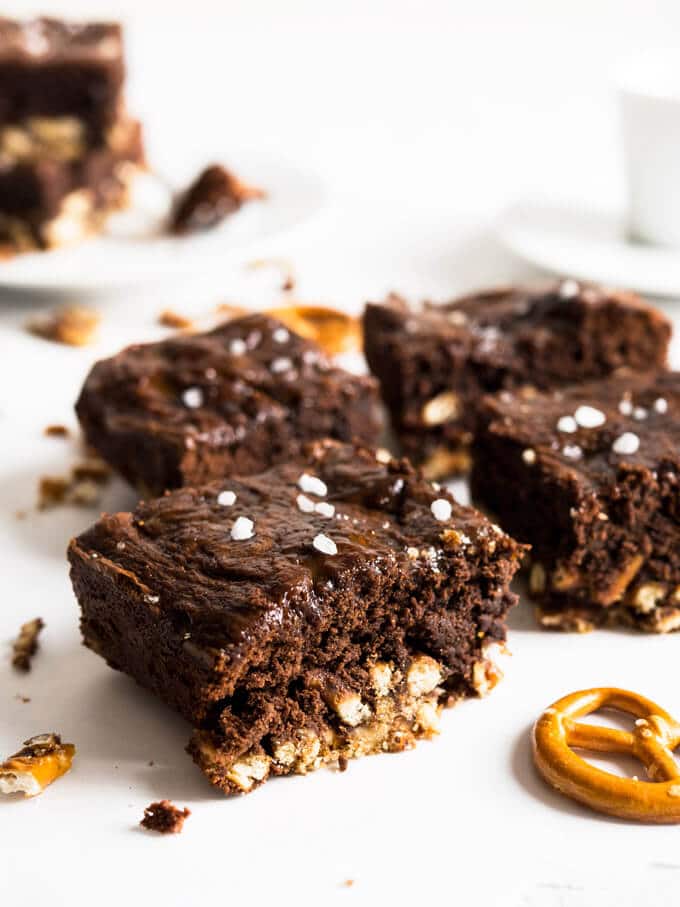 Salted Caramel Pretzel Brownies have a crunchy pretzel crust and are made with Nutella! These are not your ordinary brownies, they are chewy, salty, sweet, chocolatey, and crunchy!