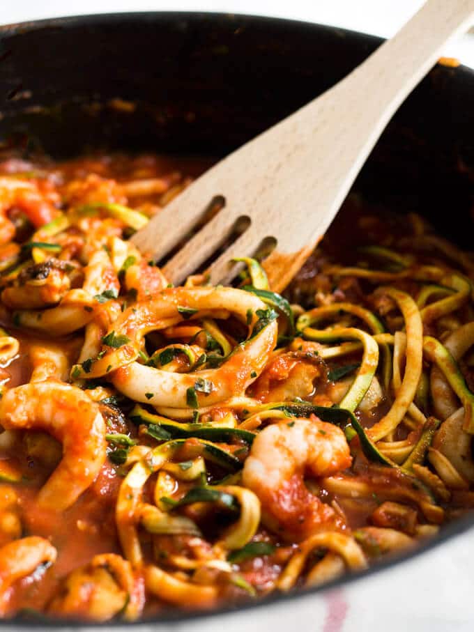 Seafood Zucchini Marinara makes a great quick and easy weeknight dinner! Replacing normal pasta with zucchini noodles (zoodles) is a great way to eat healthier.