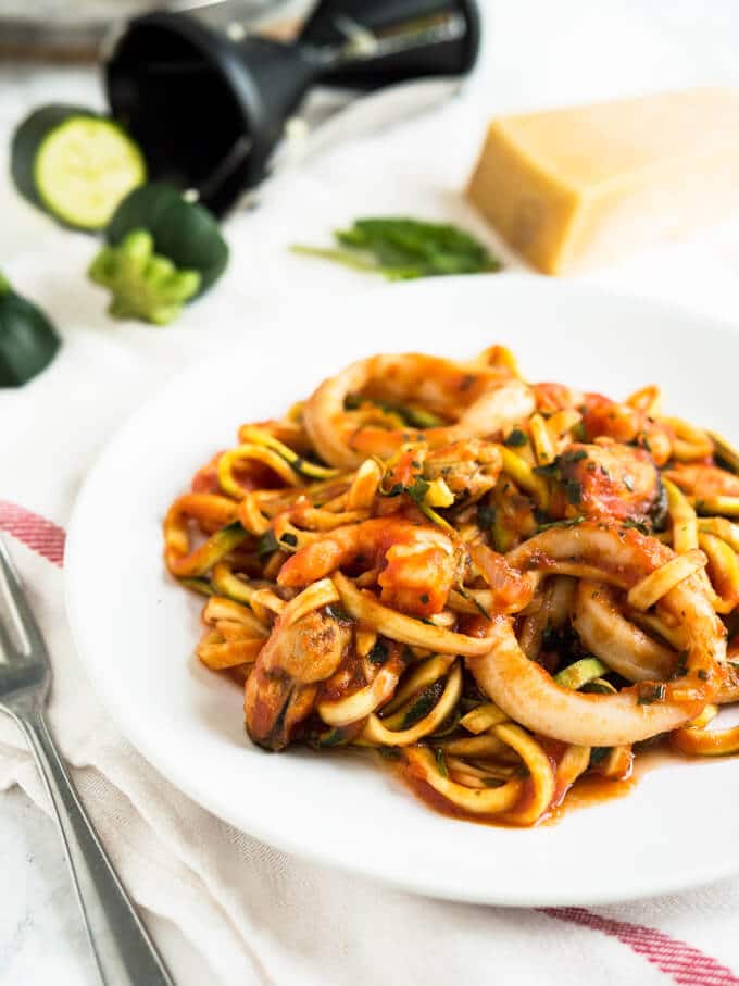 Seafood Zucchini Marinara makes a great quick and easy weeknight dinner! Replacing normal pasta with zucchini noodles (zoodles) is a great way to eat healthier.