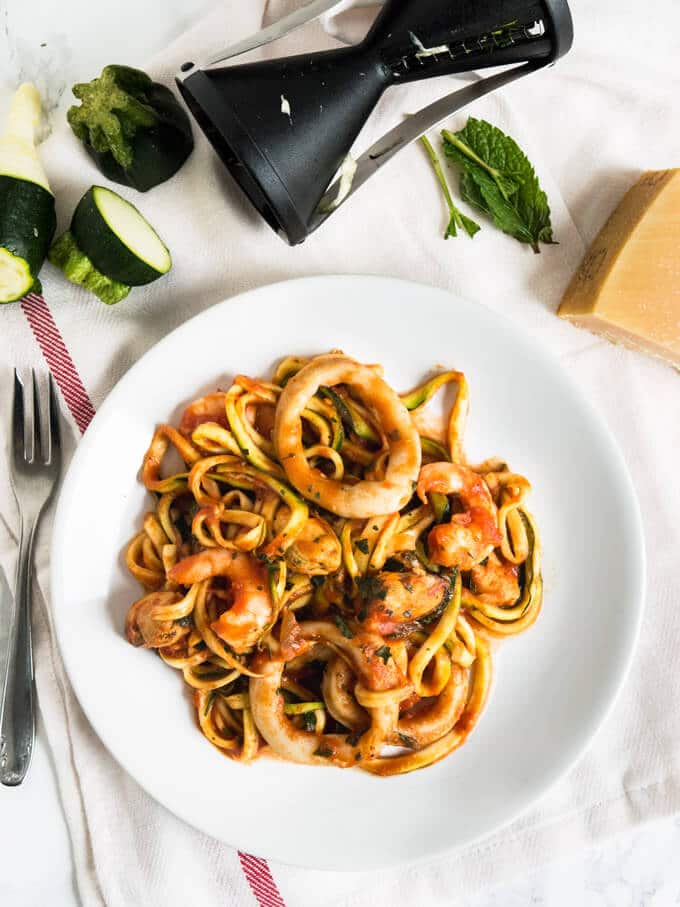 Seafood Zucchini Marinara makes a great quick and easy weeknight dinner! Replacing normal pasta with zucchini noodles (zoodles) is a great way to eat healthier.