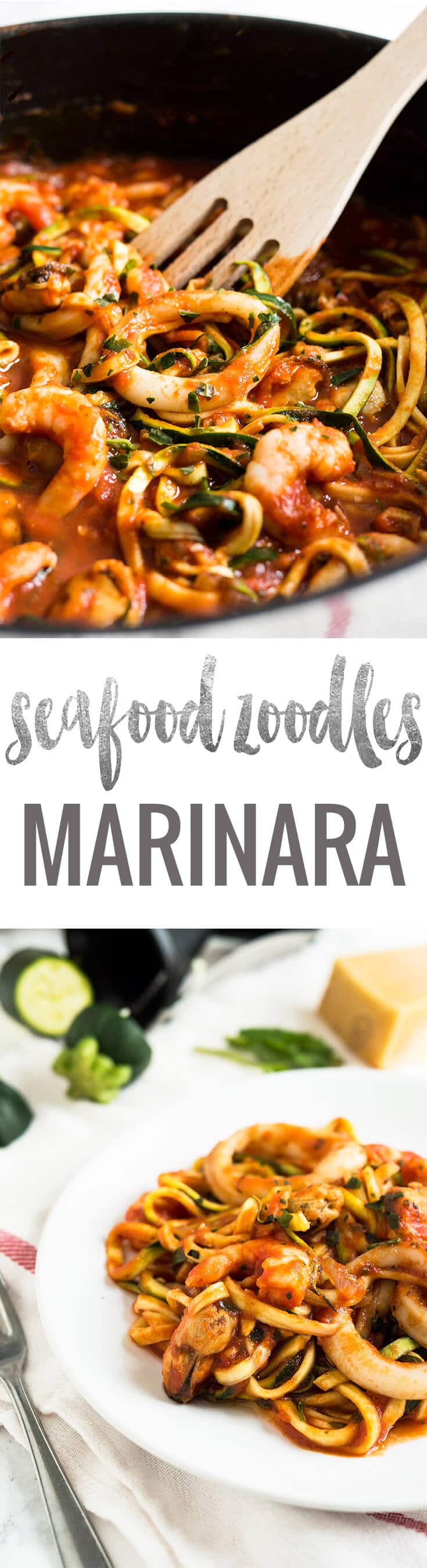 Seafood Zucchini Marinara makes a great quick and easy weeknight dinner! Replacing normal pasta with zoodles is a great way to eat healthier.