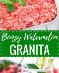 Two images with text: Boozy watermelon granita, top: A stainless steel baking pan of pink watermelon granita garnished with mint. Bottom: A sugar-rimmed glass with granita.