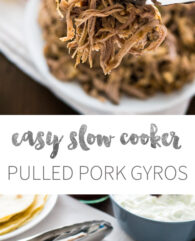 The best Slow Cooker Pulled Pork Gyros - made with my Greek Gyros spice mix! This easy recipe is perfect for Greek-Style Tacos or simple sandwiches with tzatziki.