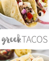 Delicious Greek Tacos with homemade Tzatziki, slow cooker pulled pork Gyros and Greek salsa. Served on homemade flour tortillas! A great twist on normal tacos!