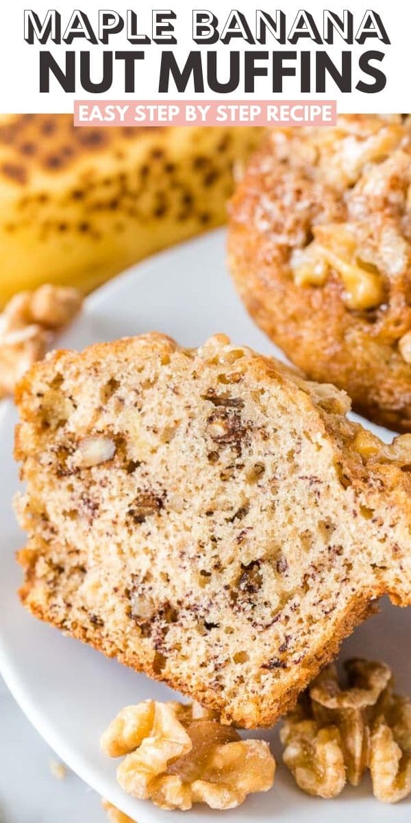 Close up of Banana Nut Bread Muffins on a plate with a banana in the background