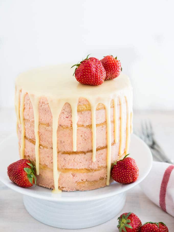 Naked Strawberry Layer Cake with White Chocolate Ganache Drip