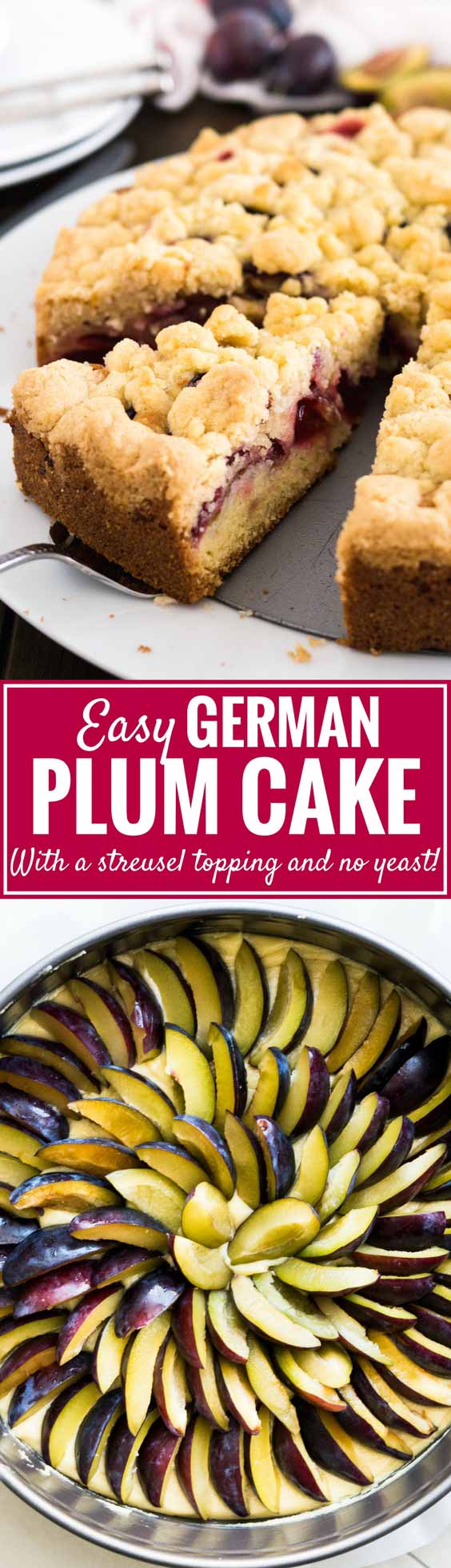 Plum Cake is a delicious coffee cake made with a simple batter, fresh plums, and a cookie-like nut-free streusel topping! This traditional German plum crumb cake is so easy to make from scratch and can also be baked on a sheet if you need to feed a crowd. #plumcake #germanplumcake #plumcrumbcake #coffeecake #baking #cake