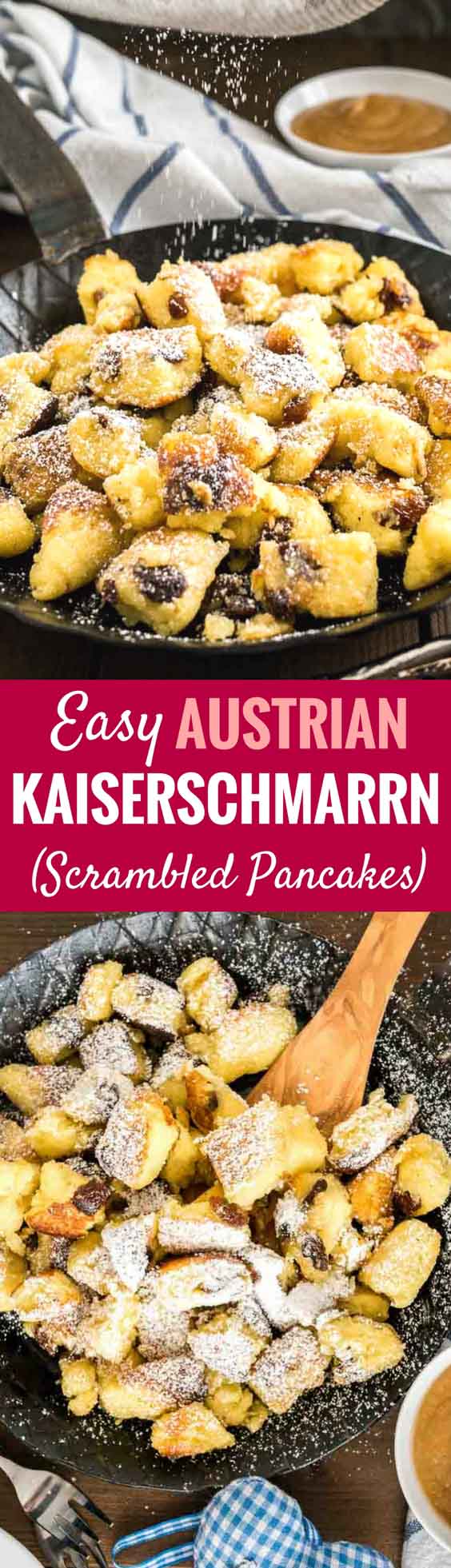 Kaiserschmarrn (Scrambled Pancakes) is an Austrian dessert that's also very popular in Bavaria! A sweet fluffy pancake made with rum-soaked raisins is torn into bite-sized pieces, caramelized, and served sprinkled with powdered sugar, applesauce, and preserves. This easy dessert recipe also tastes great for brunch and is loved by kids and adults alike! #Pancakes #DessertRecipes #Kaiserschmarrn #GermanRecipes #ComfortFood