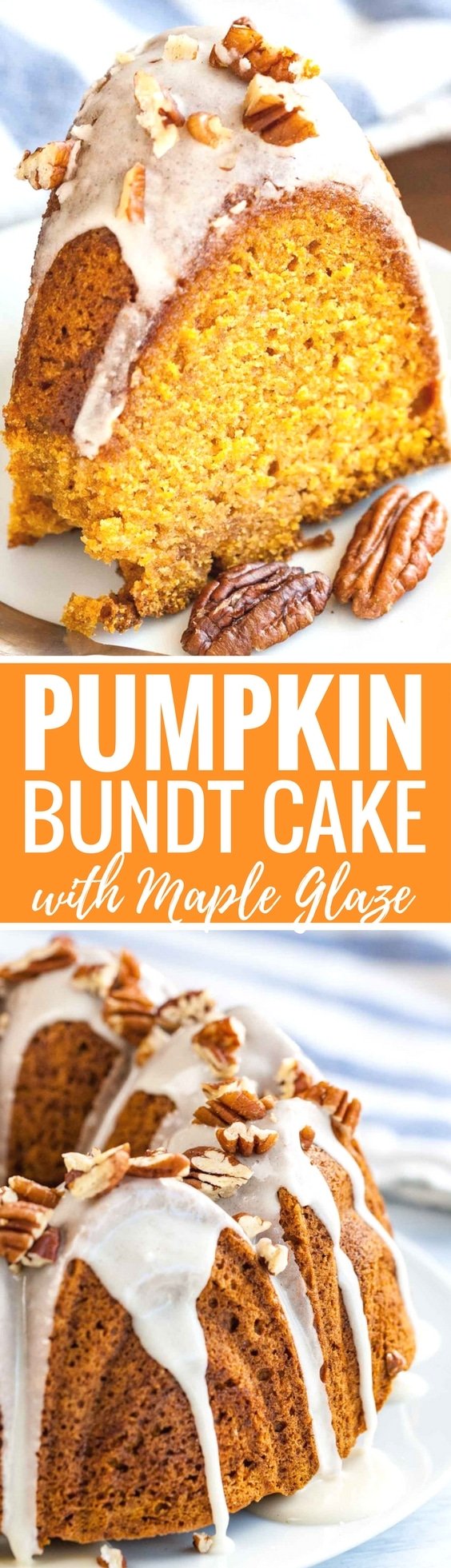 This Spiced Pumpkin Bundt Cake is super moist and topped with a maple glaze and toasted pecans! A perfect dessert for the holidays that