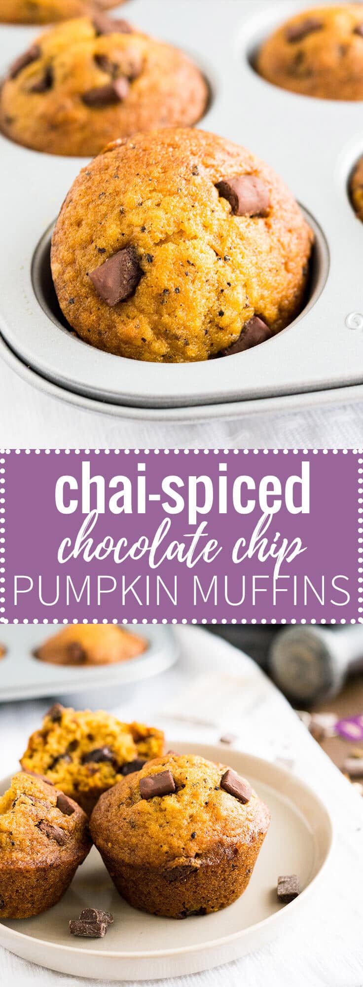 These moist and flavorful Chai-spiced Pumpkin Chocolate Chip Muffins are the perfect way to start your day! With just the right amount of warming chai spices, these muffins are sure to be a crowd-pleaser!