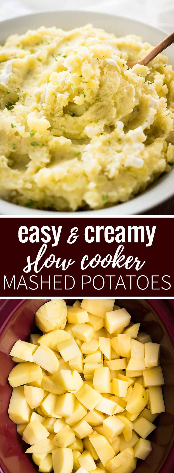 This Creamy Crock Pot Mashed Potatoes Recipe is SO easy and perfect to make ahead! A delicious slow cooker side dish for any meal throughout the fall and winter.