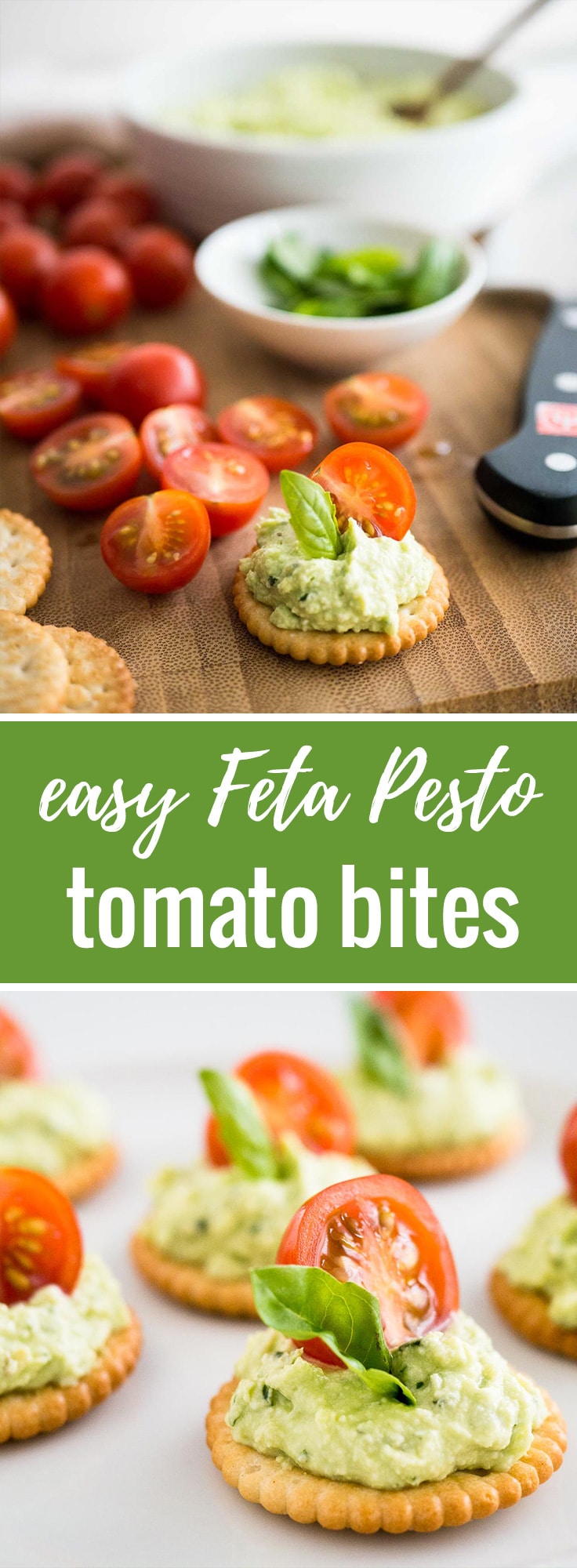 These Feta Tomato Bites are the perfect easy-to-make appetizer for your next party! Made with feta cheese, basil, and topped with a tomato these delicious bites are ready in no time and will sure be a crowd pleaser.