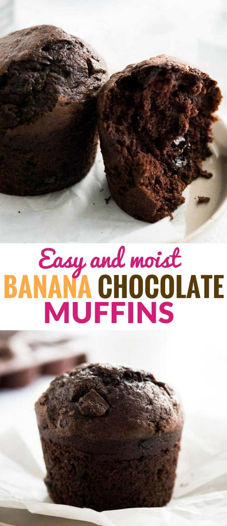 Chocolate Banana Muffins are so easy to make from scratch with just the right balance of chocolate and banana flavor! This easy bakery-style muffin recipe is loaded with chocolate and makes fluffy and moist muffins that make a great snack or breakfast.