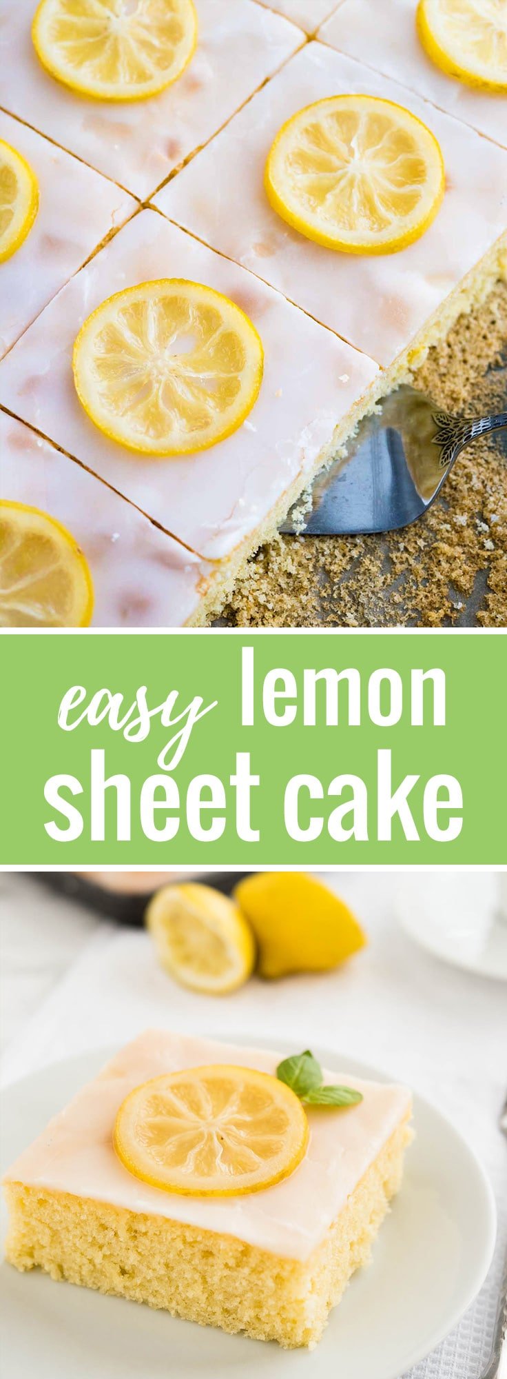 An easy lemon sheet cake recipe that is made in a 9x13-inch pan and has a delicious simple lemon glaze on top. This lemon cake tastes even better on the next day!