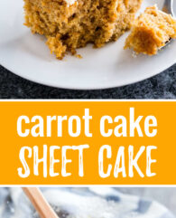 This easy Carrot Cake is deliciously moist and topped with a smooth cream cheese frosting! A nut-free sheet cake that is ready in 30 minutes and super simple to throw together.