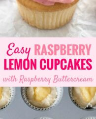 Flavorful and moist Raspberry Lemon Cupcakes filled with lemon curd and topped with an easy silky and smooth raspberry meringue buttercream! These Lemon Cupcakes with Raspberry Frosting are so pretty and delicious! #cupcakes #lemoncupcakes #raspberryfrosting #baking