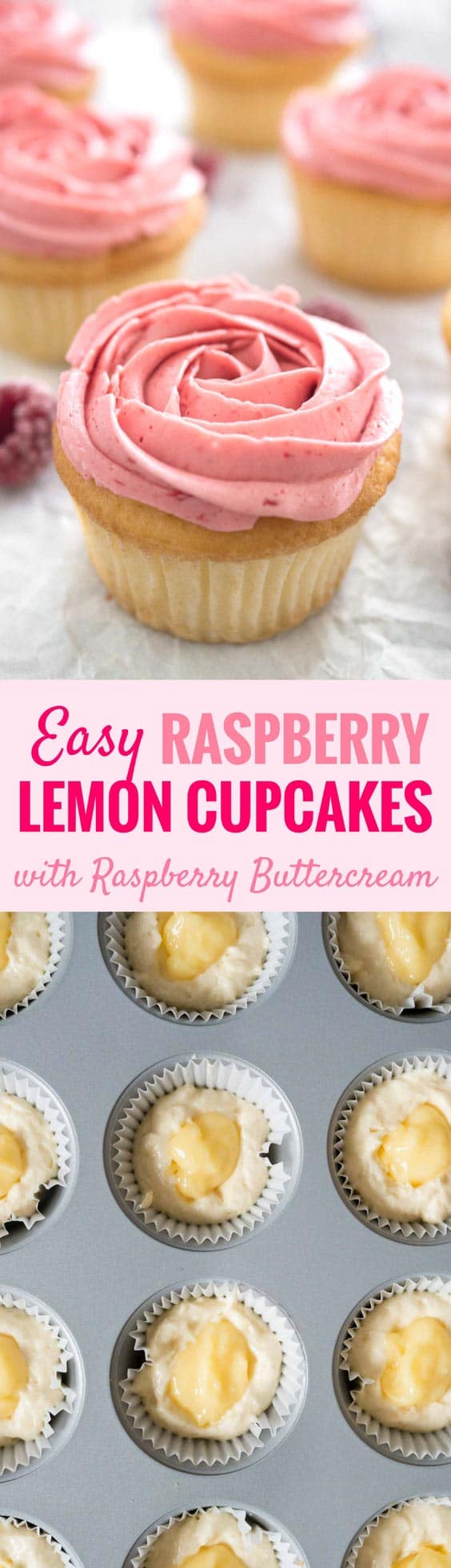Flavorful and moist Raspberry Lemon Cupcakes filled with lemon curd and topped with an easy silky and smooth raspberry meringue buttercream! These Lemon Cupcakes with Raspberry Frosting are so pretty and delicious! #cupcakes #lemoncupcakes #raspberryfrosting #baking