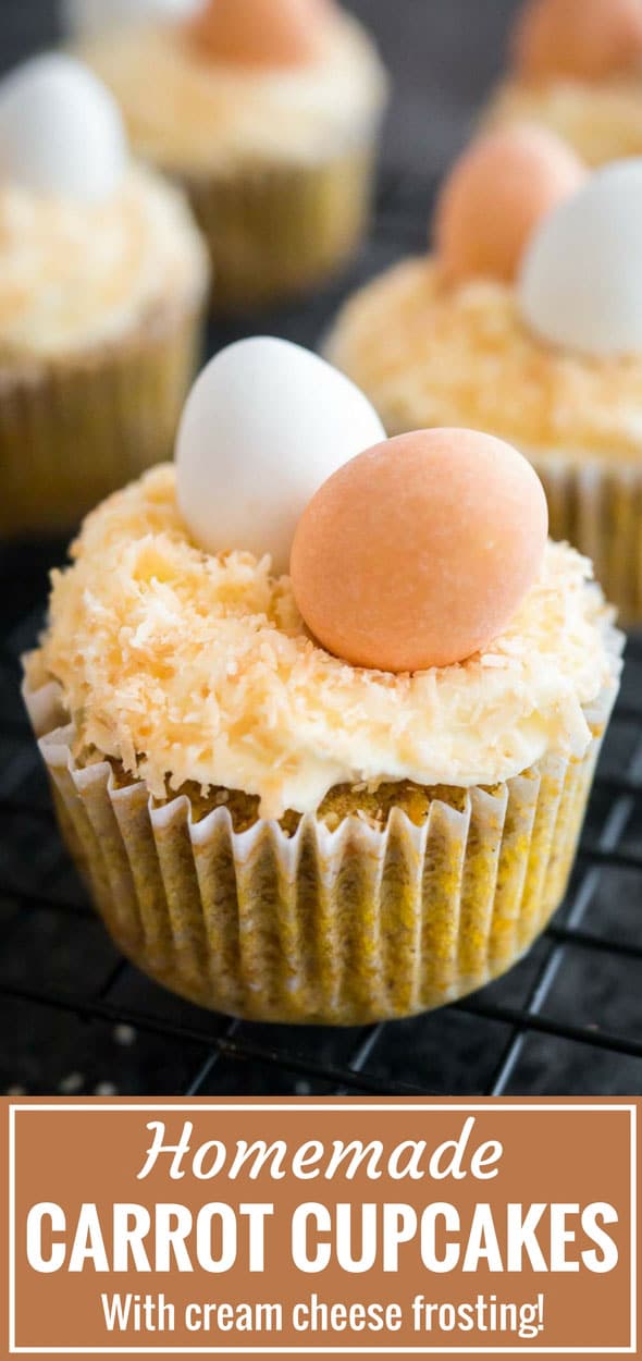Carrot Cake Cupcakes are so moist and fluffy and have a not-too-sweet cream cheese frosting on top! Made completely from scratch with lots of grated carrots these cupcakes are so easy to make and perfect for Easter! #CarrotCakeCupcakes #EasterRecipes