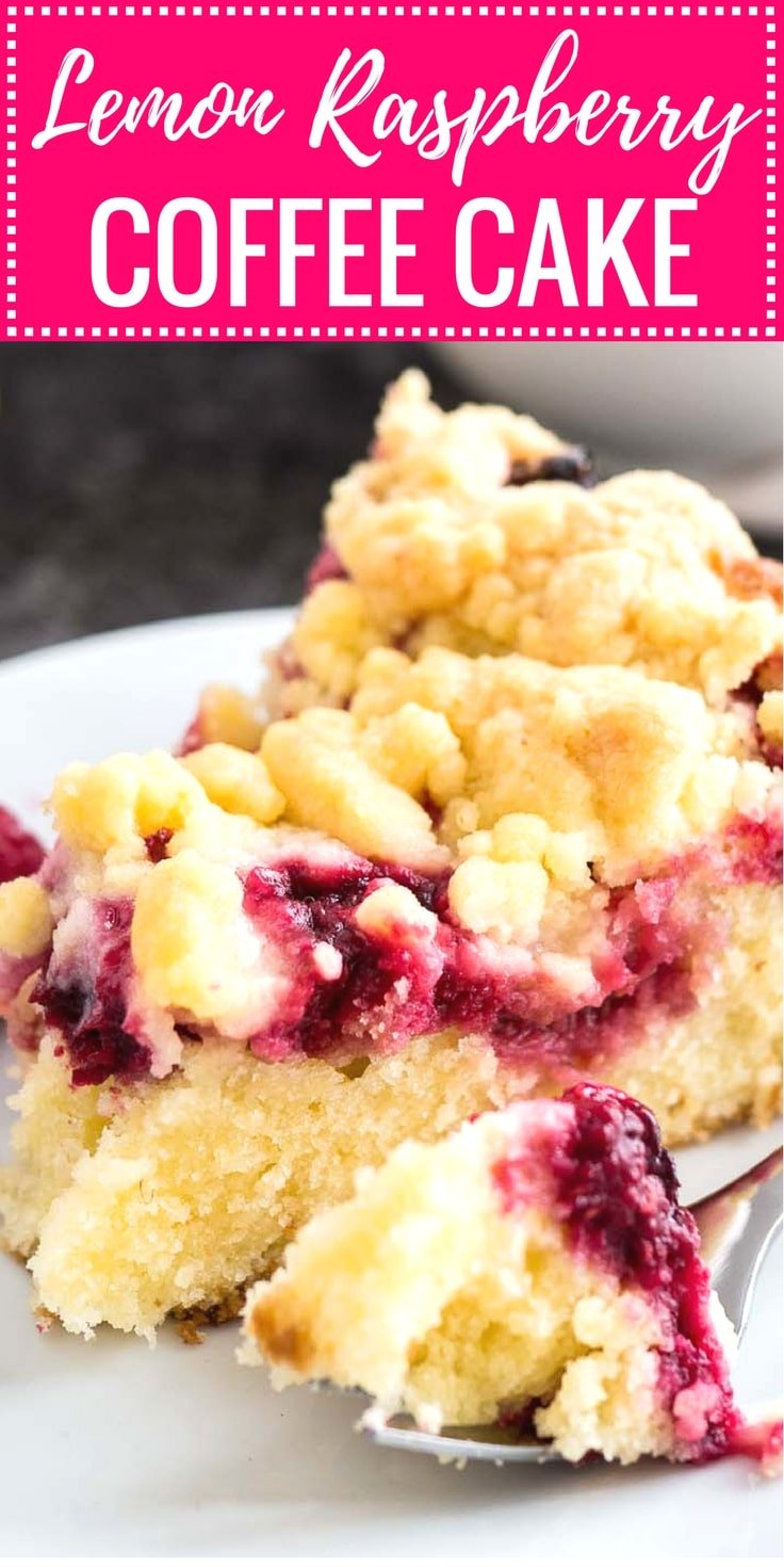 Close-up of a lemon raspberry cake on a white plate with some text: \"Lemon Raspberry coffee cake\"